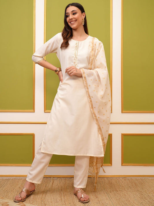 Vishudh Cream Regular Thread Work Kurta with Trousers & With Dupatta | Grab2Buy