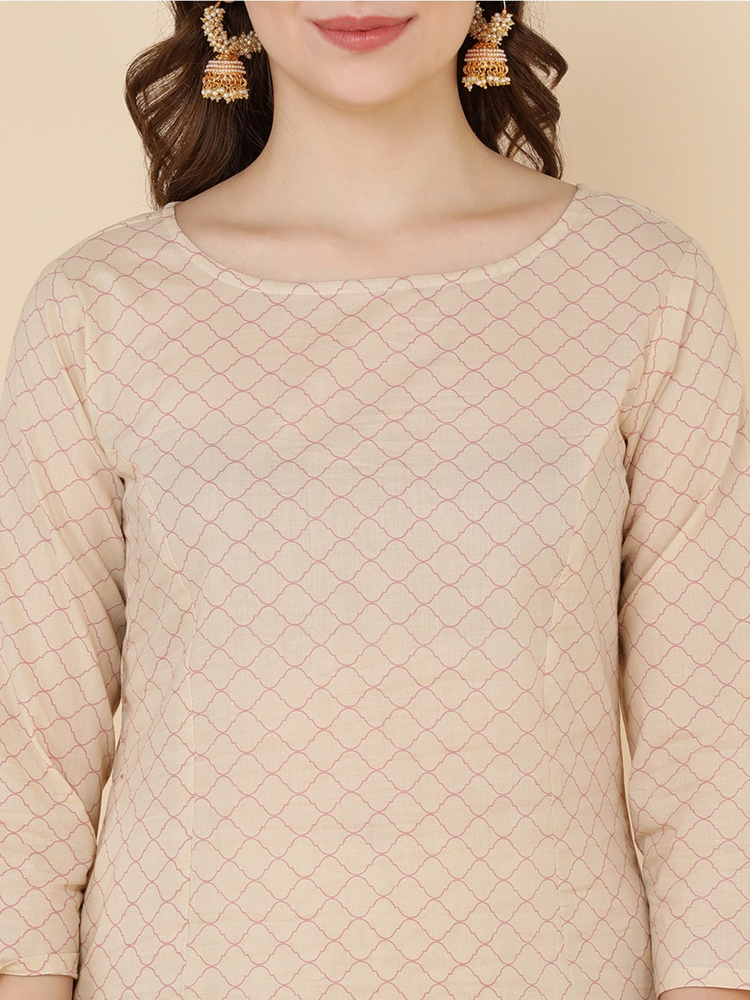 HERE&NOW Women Beige Ethnic Motifs Printed Pure Cotton Kurta with Trousers & Dupatta