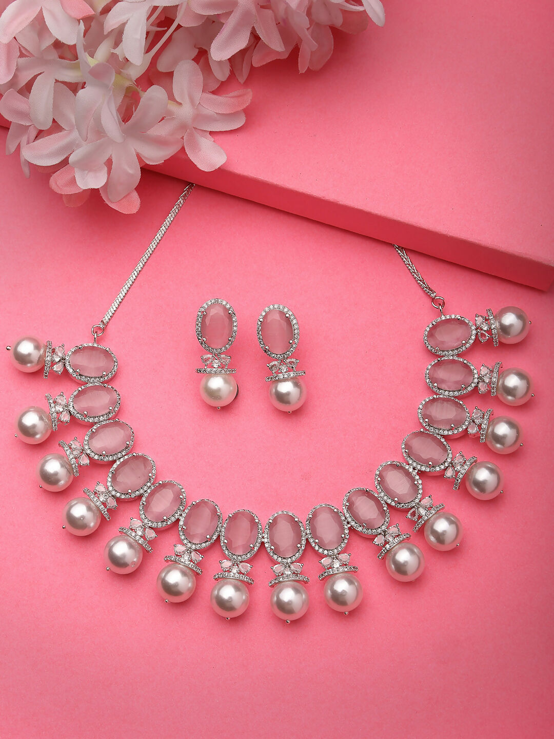 NVR Women's Silver-Plated Pink American Diamond Studded Handcrafted Jewellery Set - Grab2buy