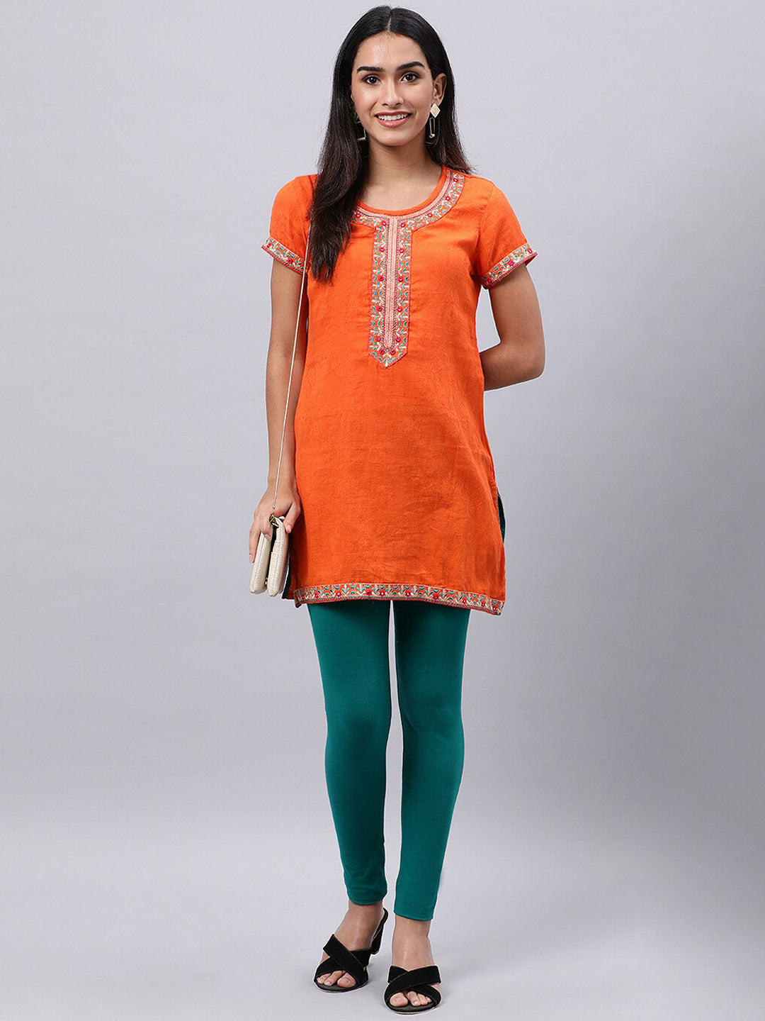 Souchii Orange Floral Embroidered Mirror Work Mirror Work Kurti 