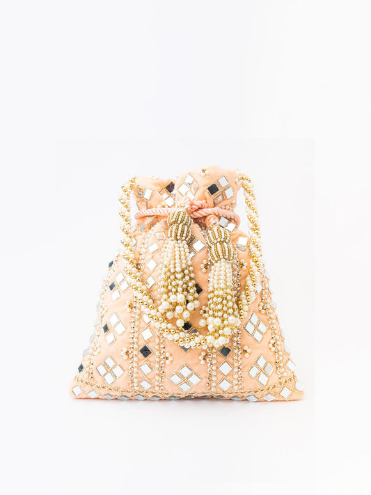 NR By Nidhi Rathi Peach-Coloured & White Embroidered Potli Clutch - Grab2buy