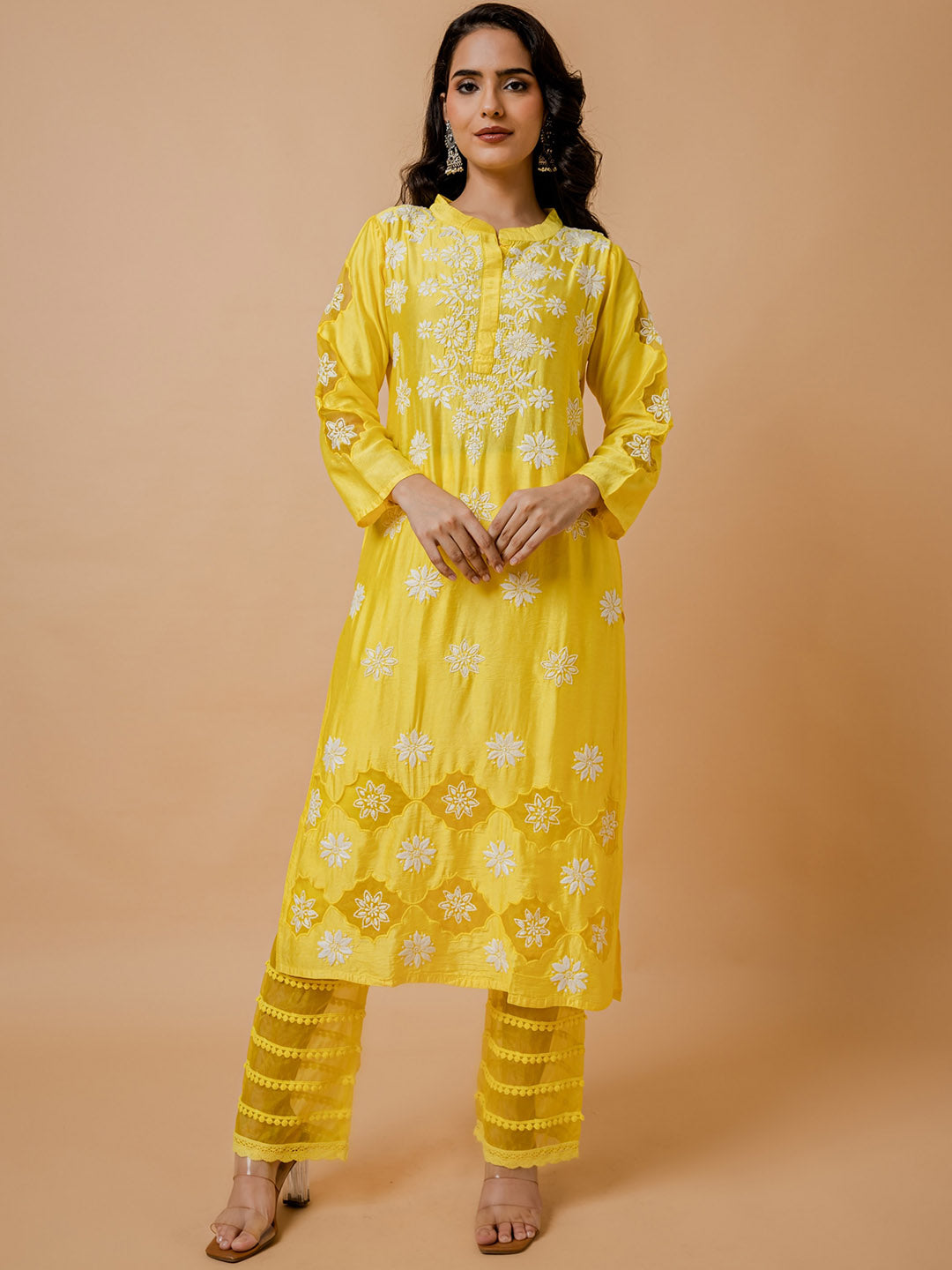 HOUSE OF KARI Floral Embroidered Chanderi Silk Chikankari Kurta 