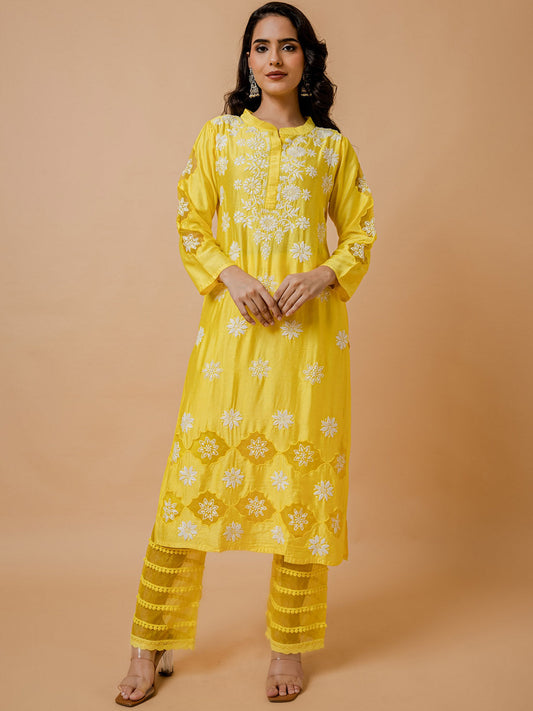 HOUSE OF KARI Floral Embroidered Chanderi Silk Chikankari Kurta 