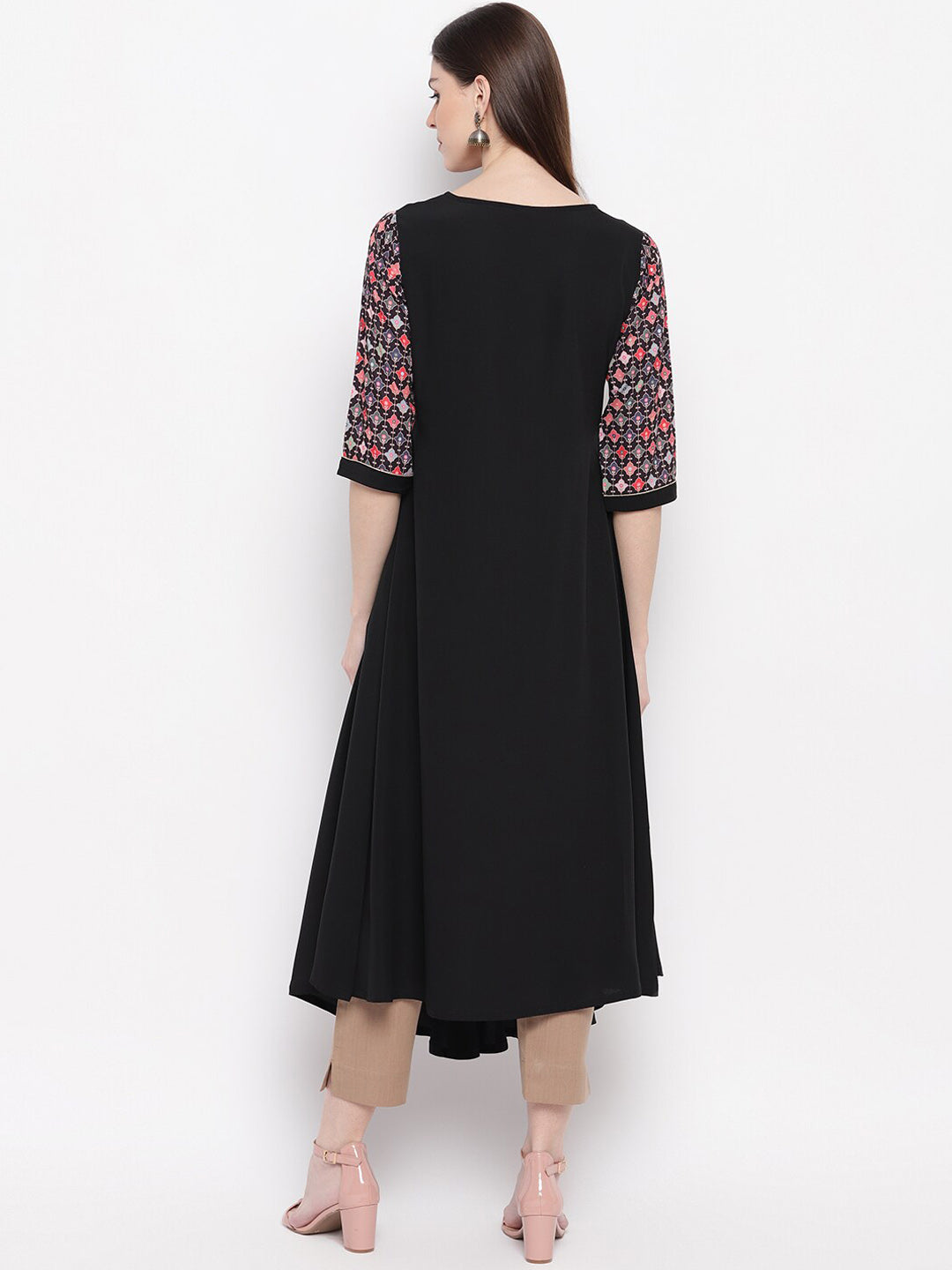 Janasya Women Black Geometric Yoke Design Crepe Anarkali Kurta