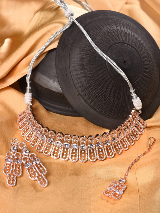 Saraf RS Jewellery Rose Gold-Plated White AD Studded Jewellery Set With Maang Tika - Grab2buy