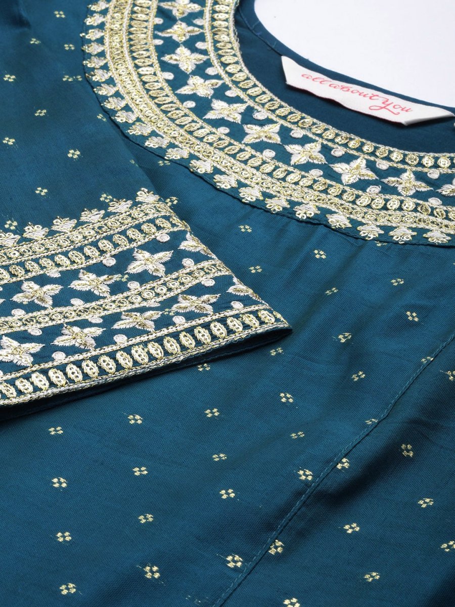 All About You Ethnic Motifs Embroidered Sequinned Kurta With Trousers