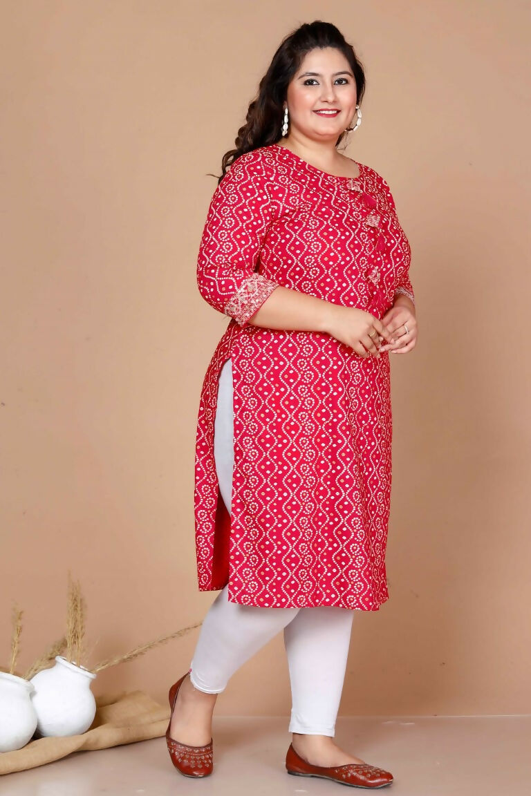 Miravan Women's Plus Size Pink Bandhani Pakistani Straight Kurti 