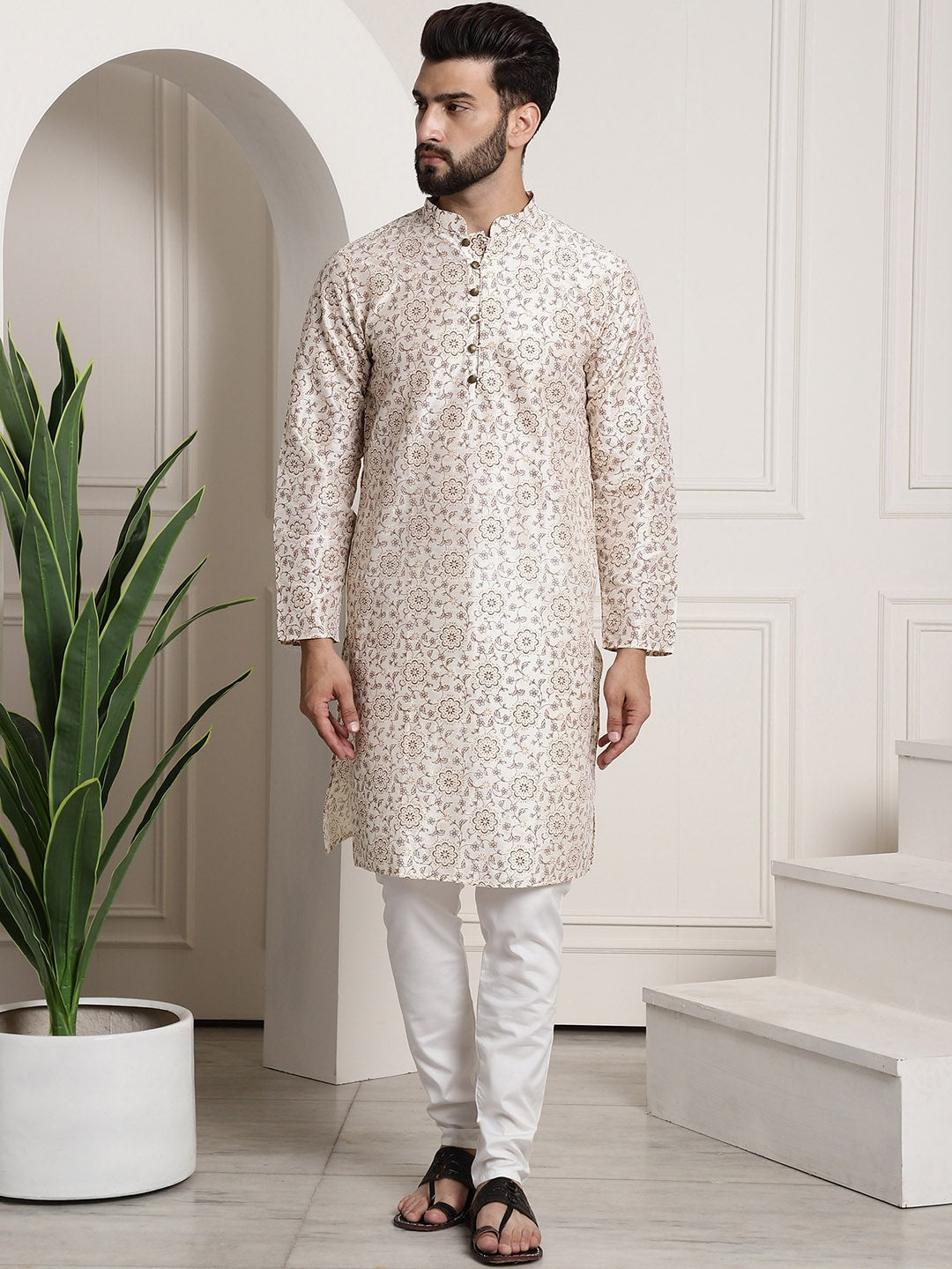 Sojanya Men Cream-Coloured & Brown Silk Cotton Printed Regular Kurta with Churidar 