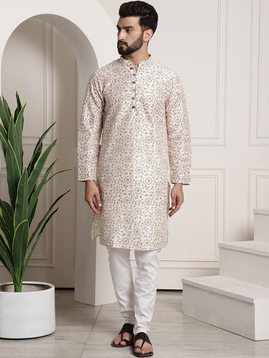 Sojanya Men Cream-Coloured & Brown Silk Cotton Printed Regular Kurta with Churidar 
