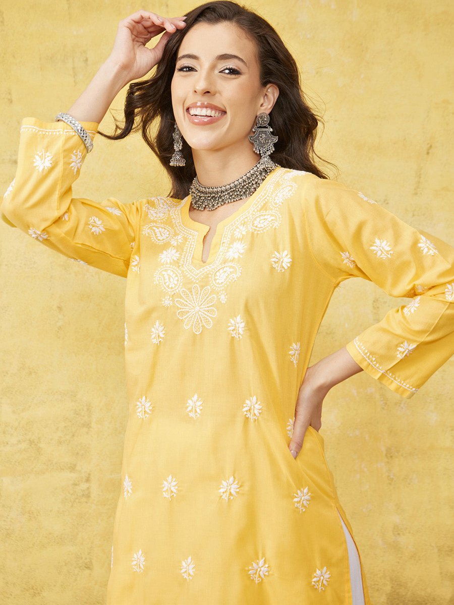 ADA Women Yellow & White Chikankari Embroidered Straight Sustainable Handloom Kurta 