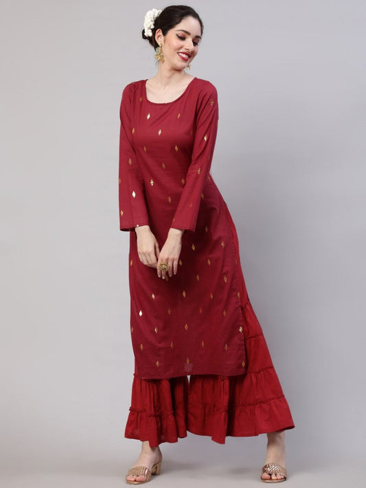 Aks Woven Design Round Neck Zari Cotton A-Line Kurta