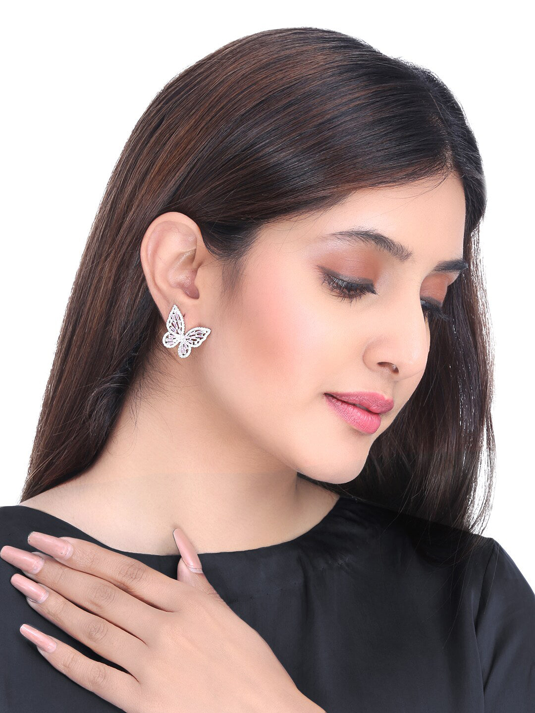 Yellow Chimes Silver-Toned & Pink Quirky Butterfly Studs Earrings - Grab2buy