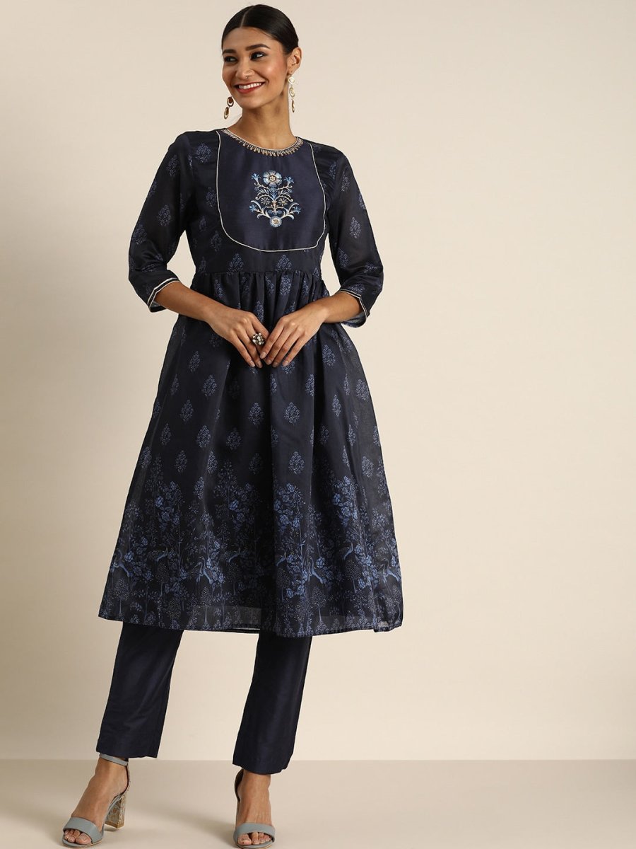 All About You Women Navy Blue Floral Printed Empire Kurta with Trousers