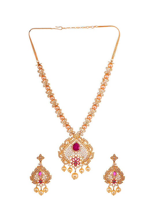 Saraf RS Jewellery Gold-Plated White & Pink American Diamond Studded & Beaded Handcrafted Jewellery Set - Grab2buy