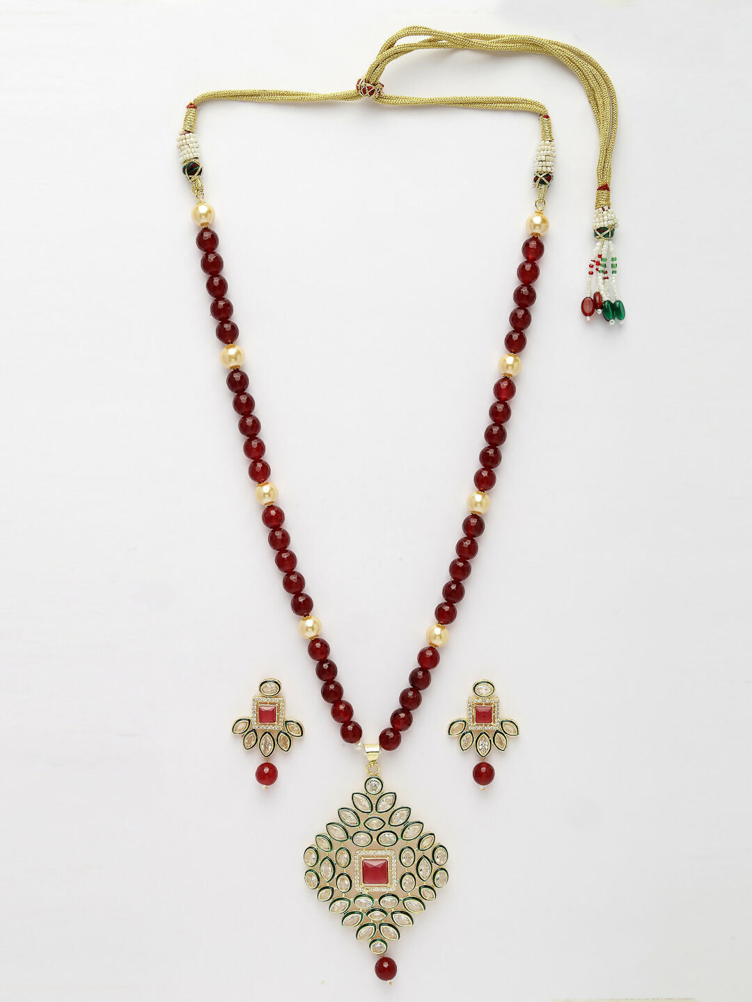 NVR Women's Red Kundan-Studded & Beaded Handcrafted Jewellery Set - Grab2buy