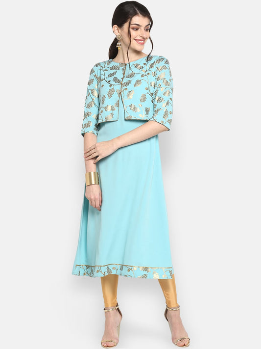 Janasya Women Turquoise Blue & Gold-Toned Printed A-Line Kurta