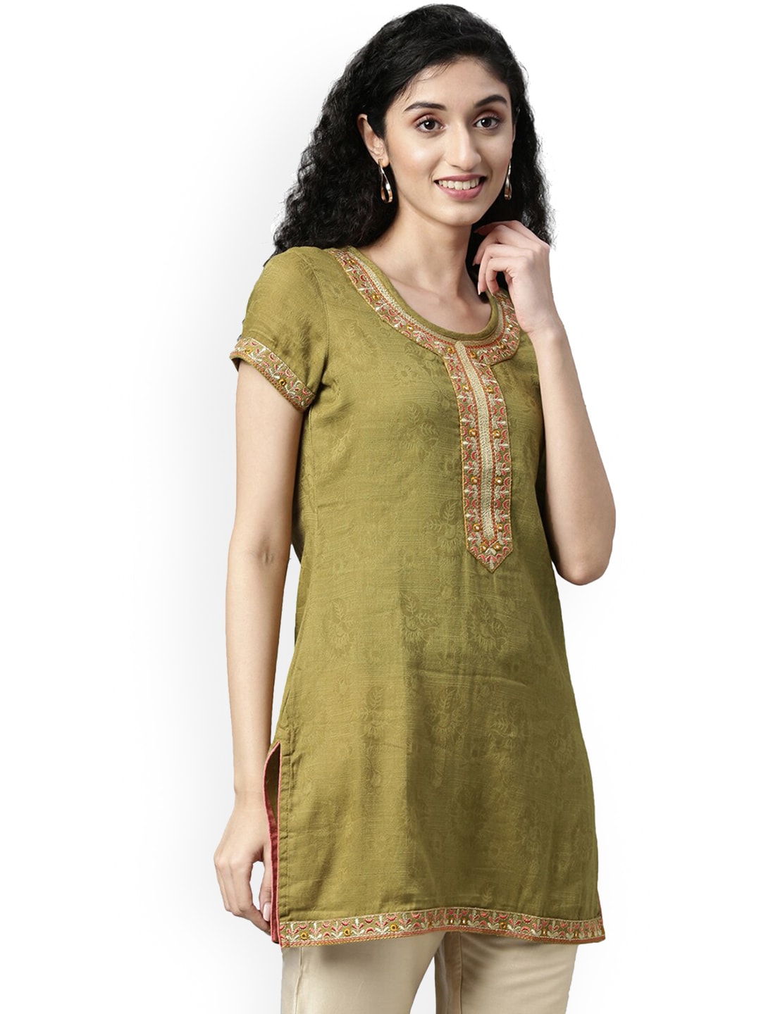 Souchii Olive Green Woven Design Kurta