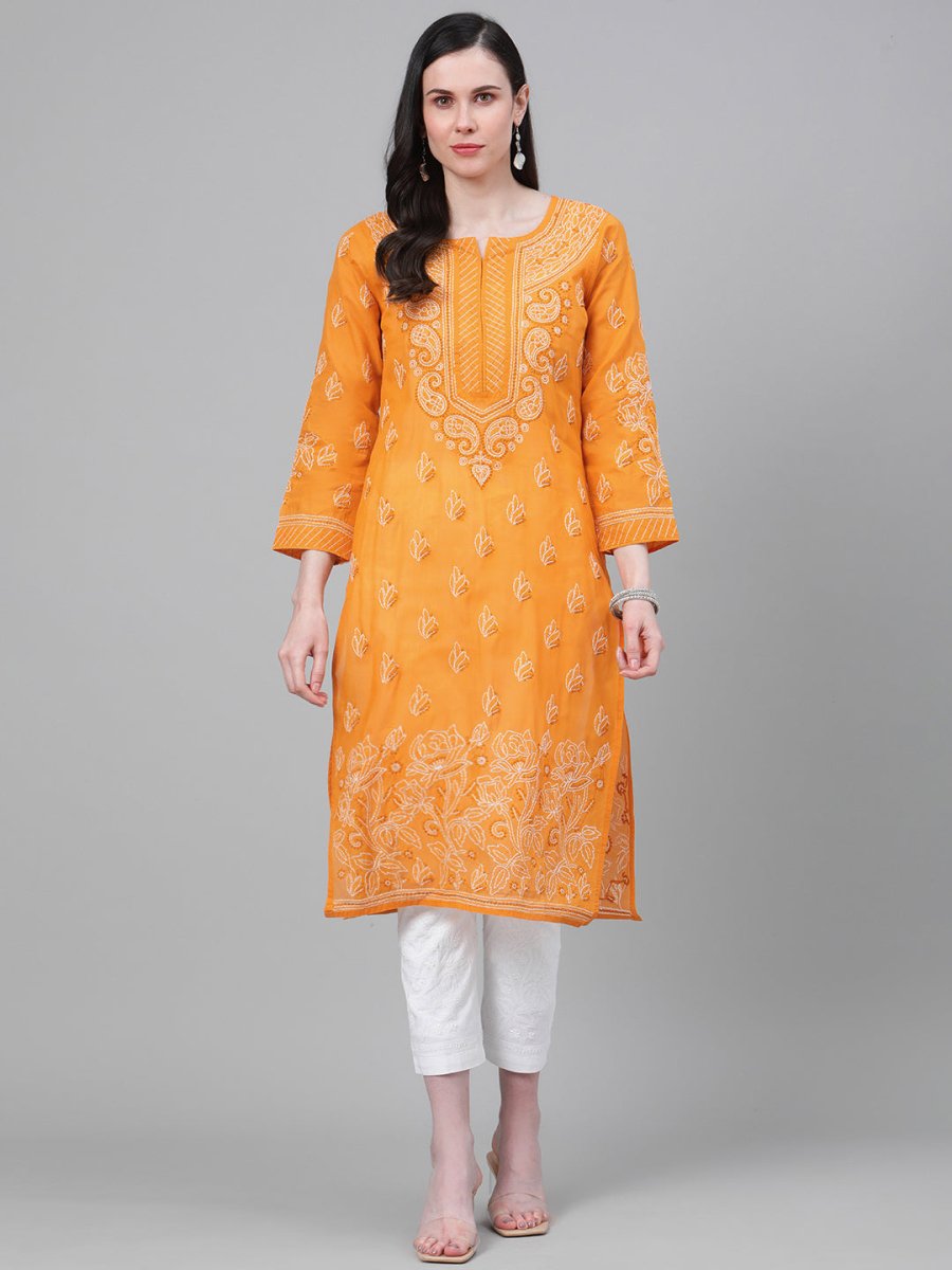 ADA Women Mustard Yellow & White Chikankari Embroidered Cotton Sustainable Handloom Kurta with Palazzos 