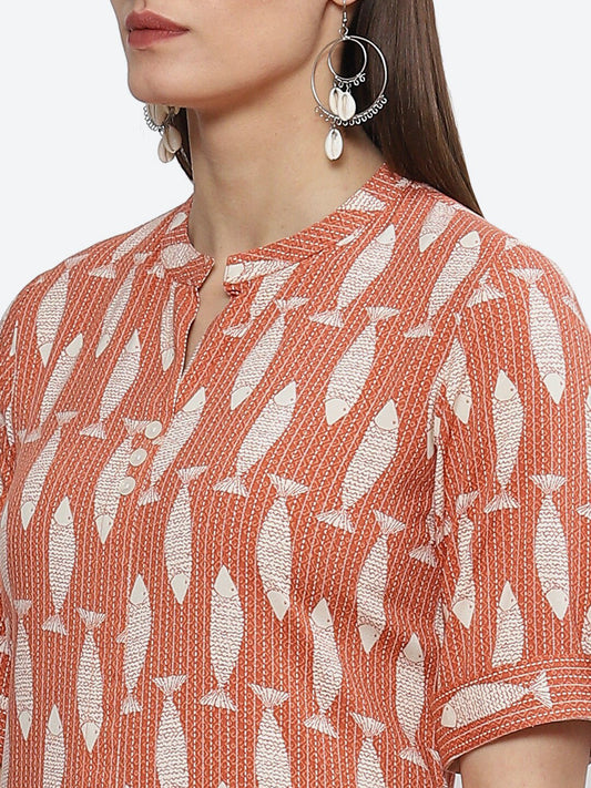 Biba Mandarin Collar Ethnic Motifs Printed A-Line Kurta - Grab2buy