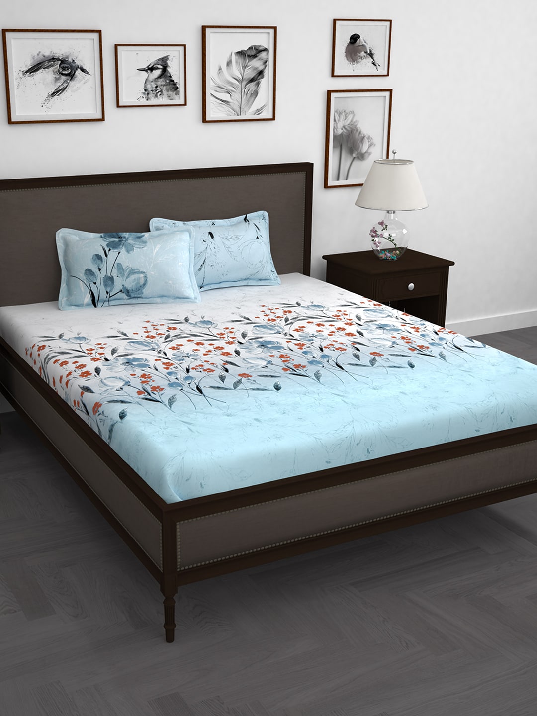 Story@home White & Blue Floral 210 TC Cotton 1 King Bedsheet with 2 Pillow Covers  Grab2Buy Story@home Grab2Buy