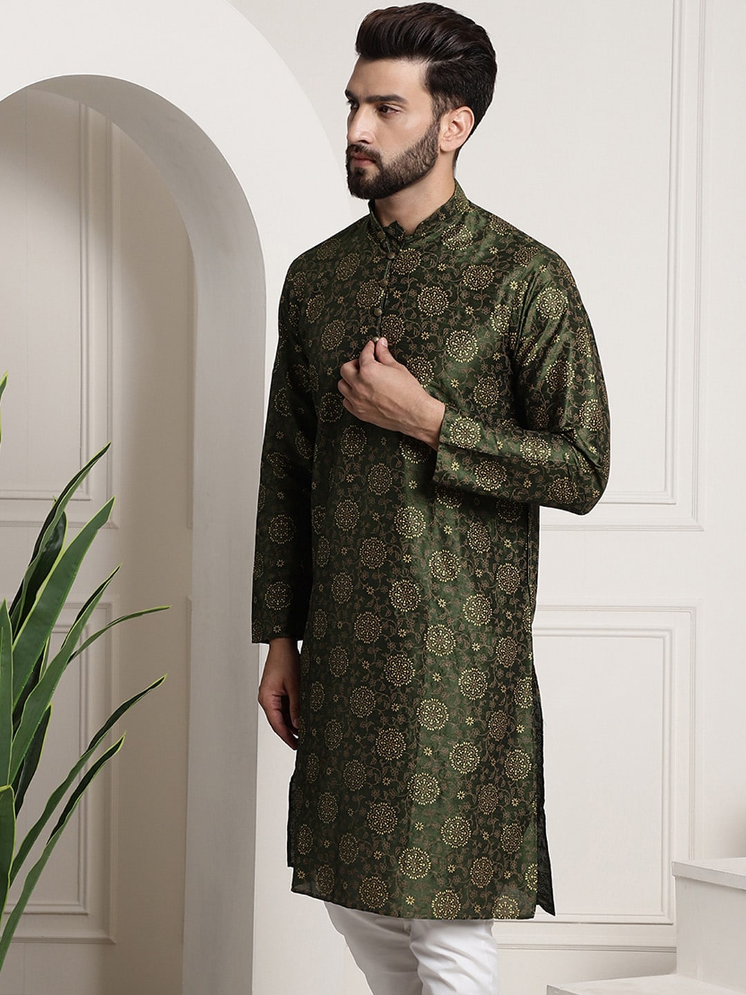 Sojanya Men Green & Brown Ethnic Motifs Printed Kurta 