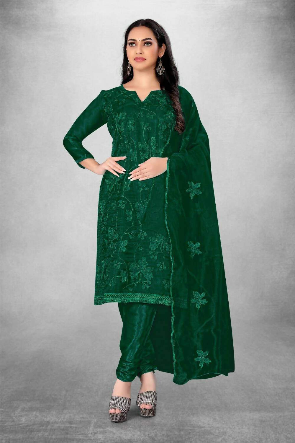Dark Green Heavy Organza Silk Embroidered Unstitched Dress Material - Amara
