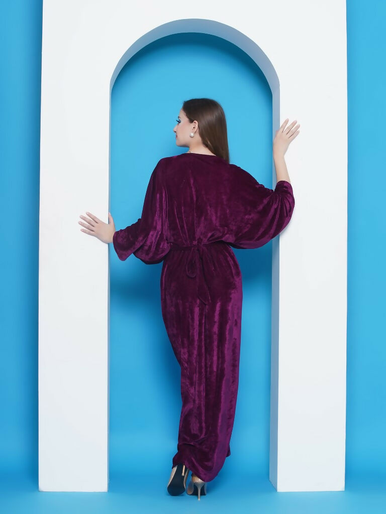 Joban Fashion Wine Velvet Gown With Silver Halter Neck Ineer