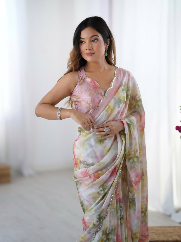 Pink Chinon Designer Digital Printed,Mirror Cut Work Saree - Elayna