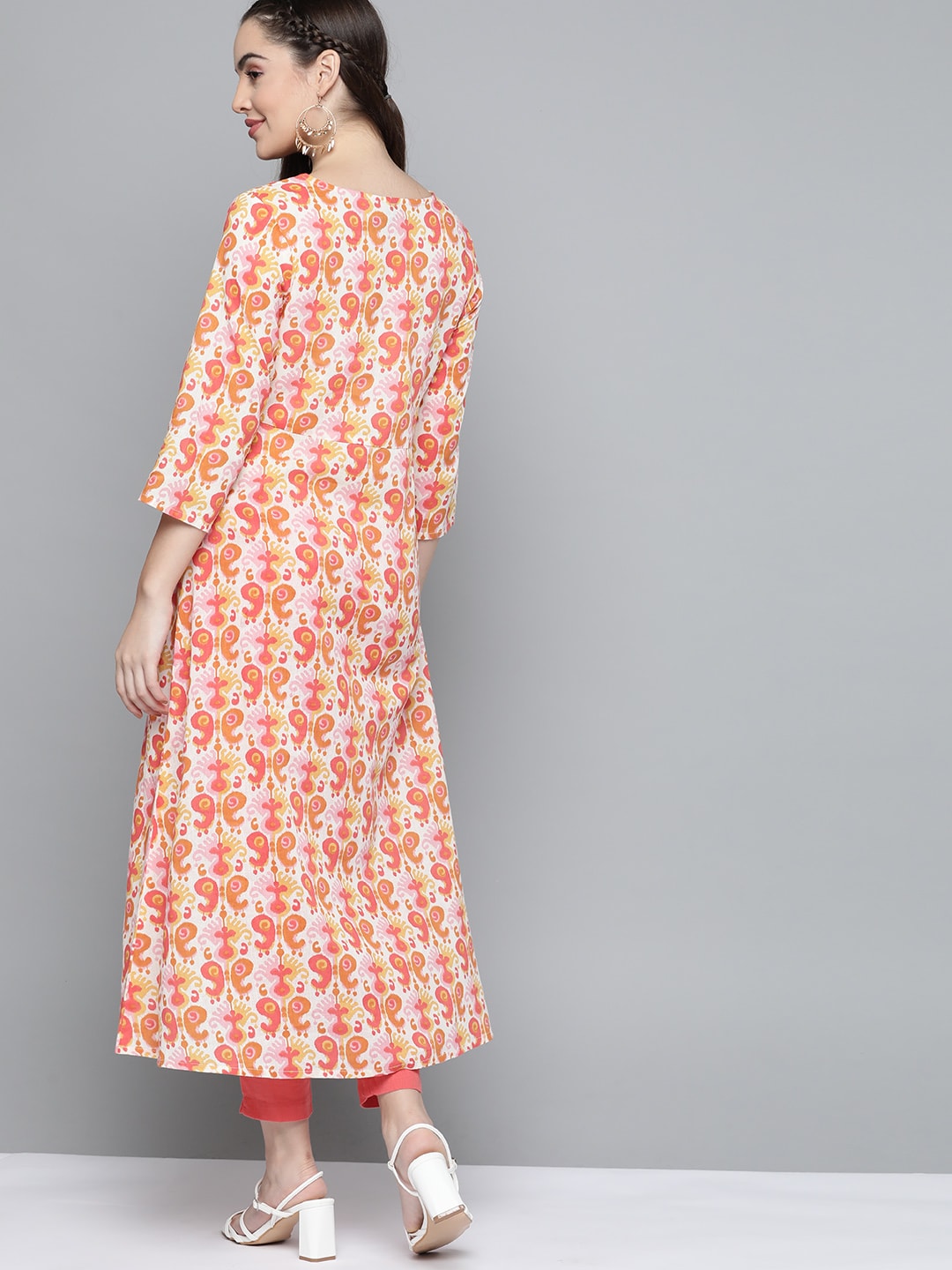HERE&NOW Women Orange & White Ethnic Motifs Printed Kurta 