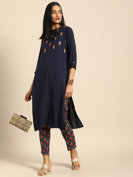 All About You Women Navy Blue Floral Embroidered Regular Thread Work Kurta with Trousers