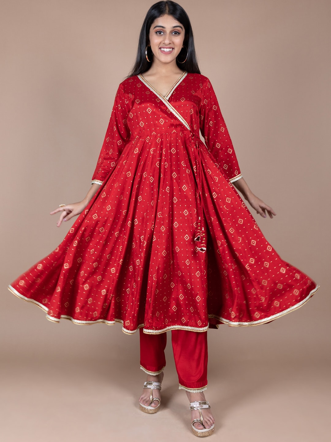HERE&NOW Red & Beige Ethnic Motifs Printed Angrakha Gotta Patti Kurta with Trousers