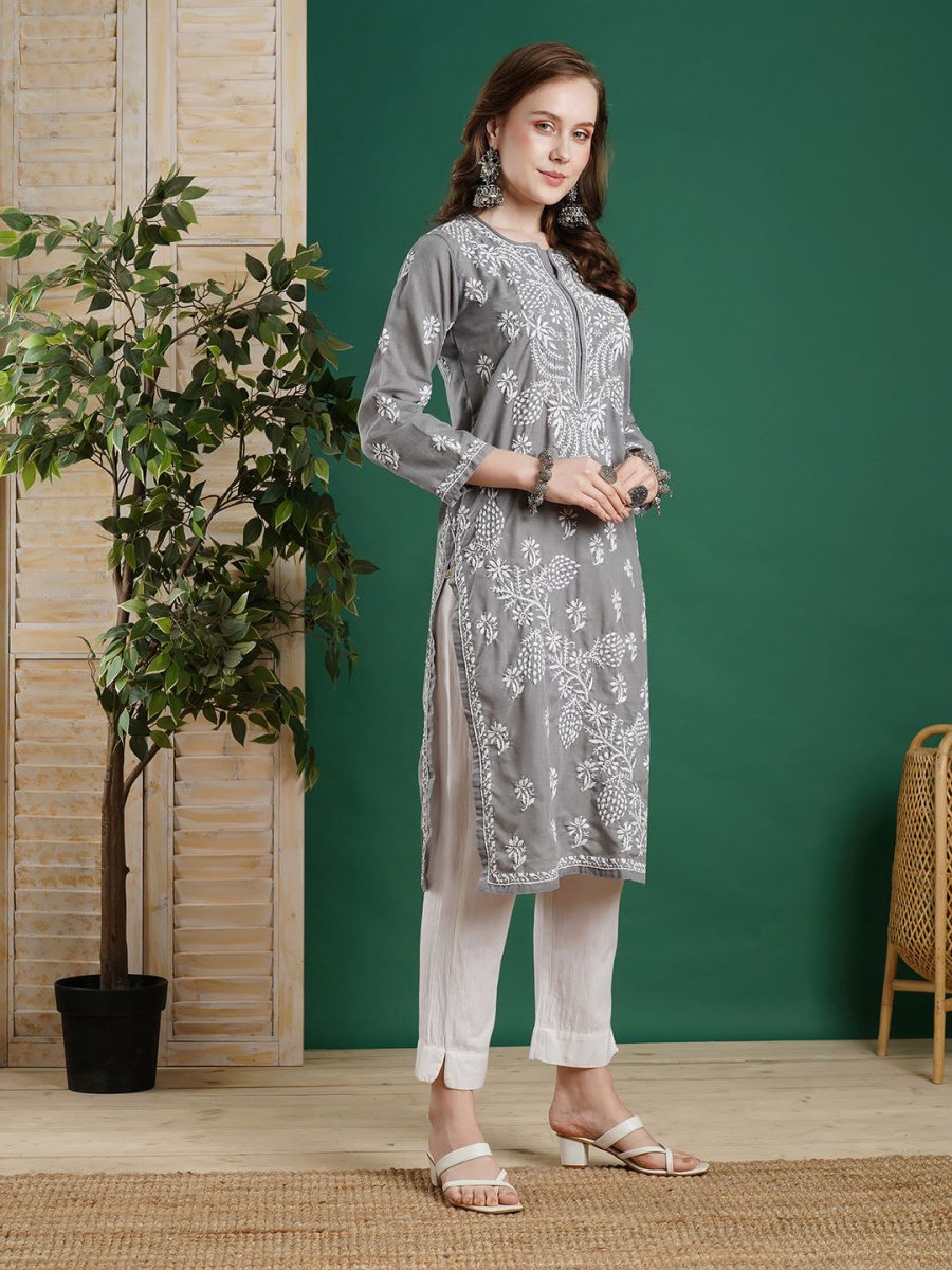 ADA Women Grey & White Chikankari Embroidered Straight Kurta 