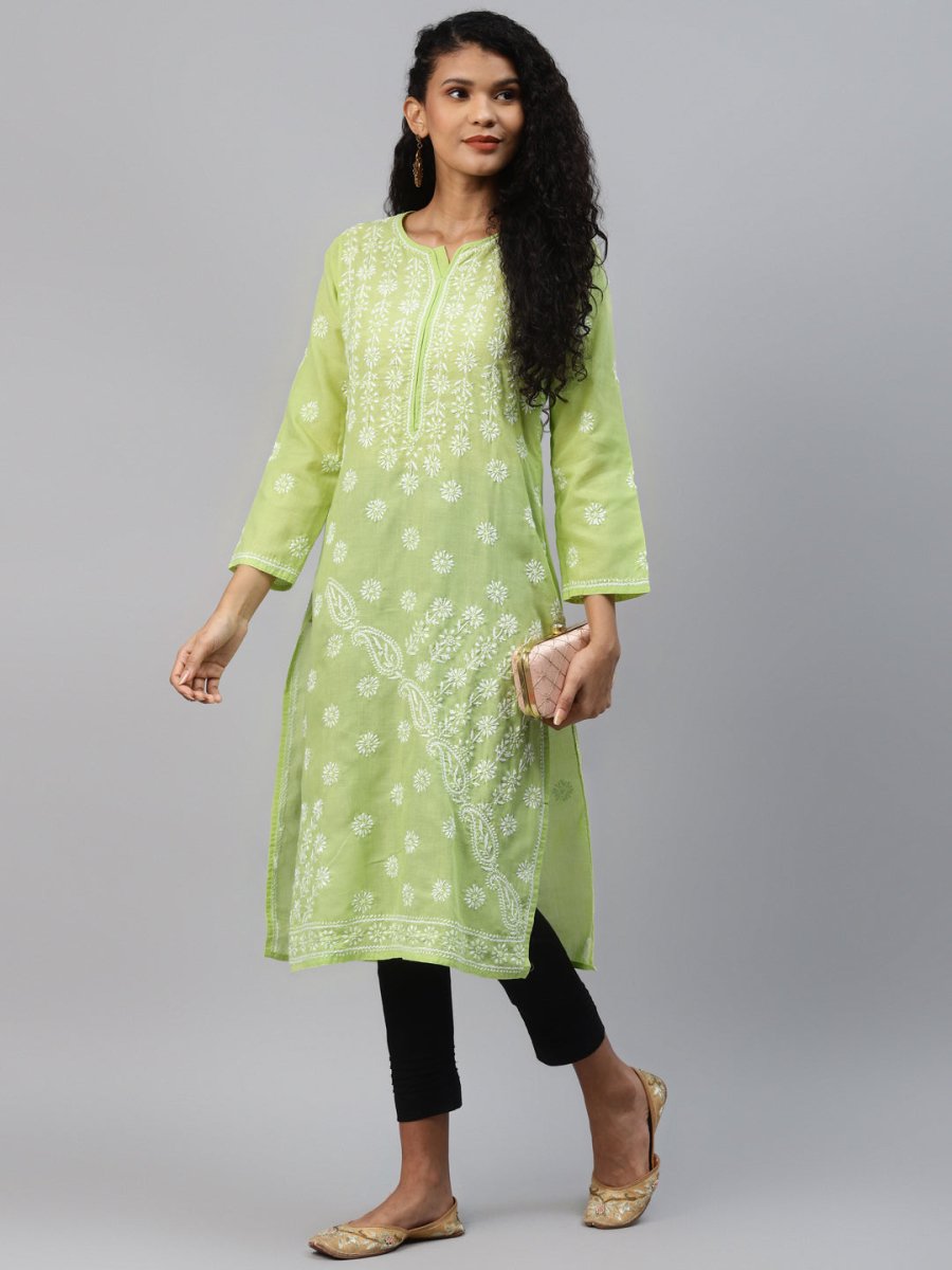 ADA Women Green & White Ethnic Motifs Chikankari Hand Embroidered Sustainable Kurta 