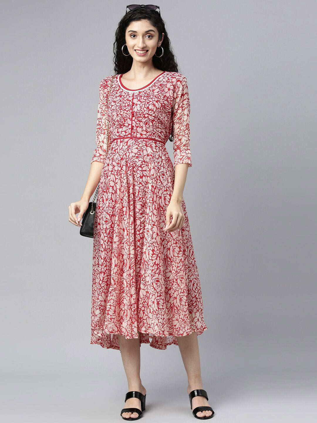 Souchii White & Red Floral Layered Chiffon Beautiful Midi Dress 