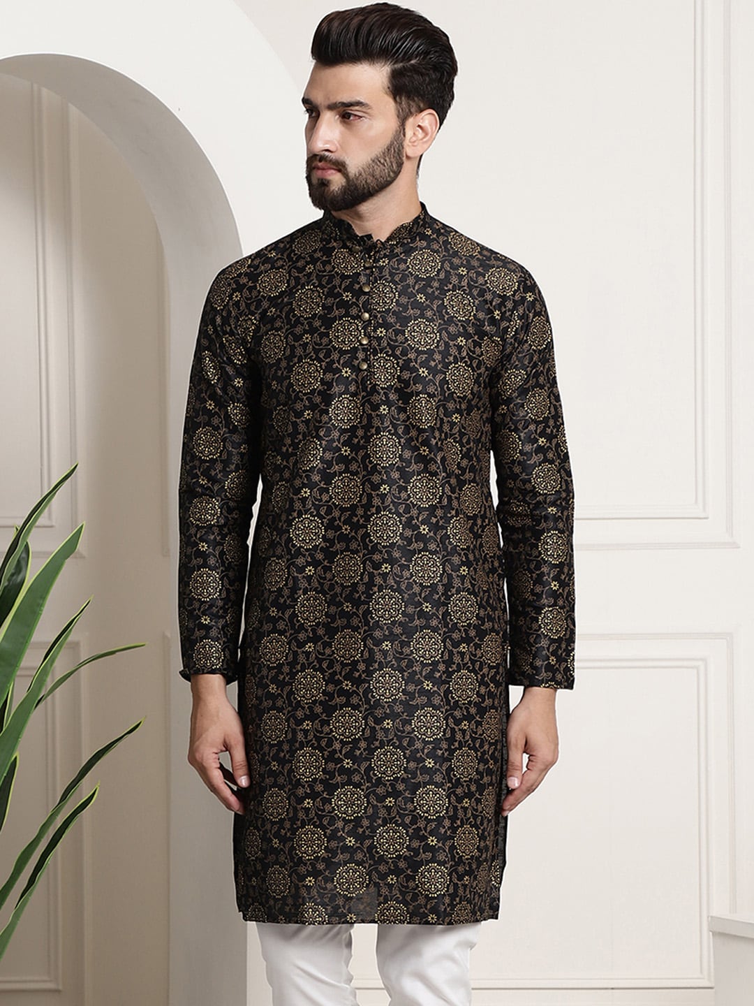 Sojanya Men Black & Brown Ethnic Motifs Printed Kurta 