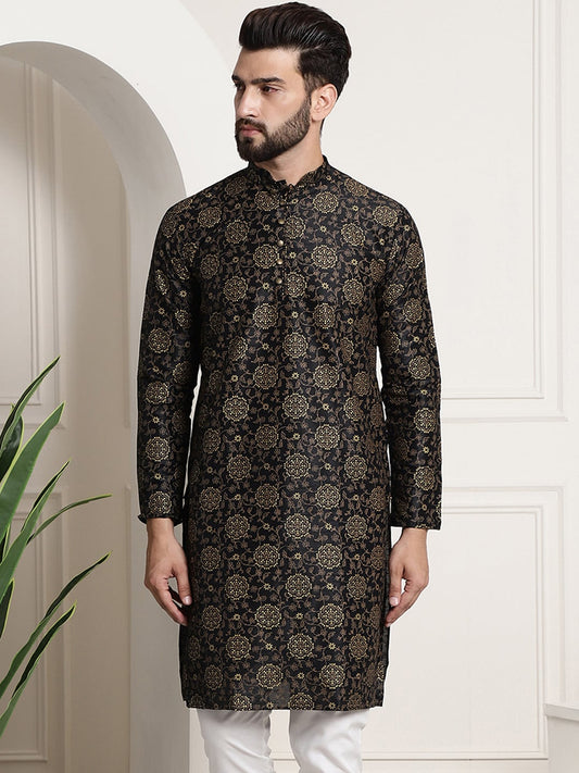 Sojanya Men Black & Brown Ethnic Motifs Printed Kurta 