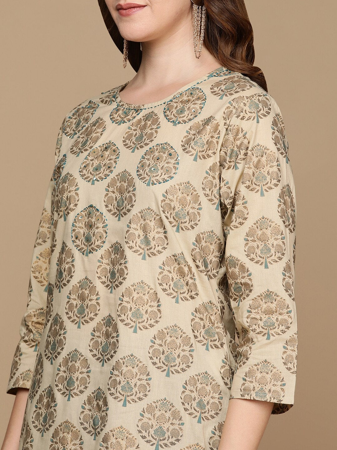 HERE&NOW Beige & Brown Ethnic Motifs Embroidered Pure Cotton Straight Kurta