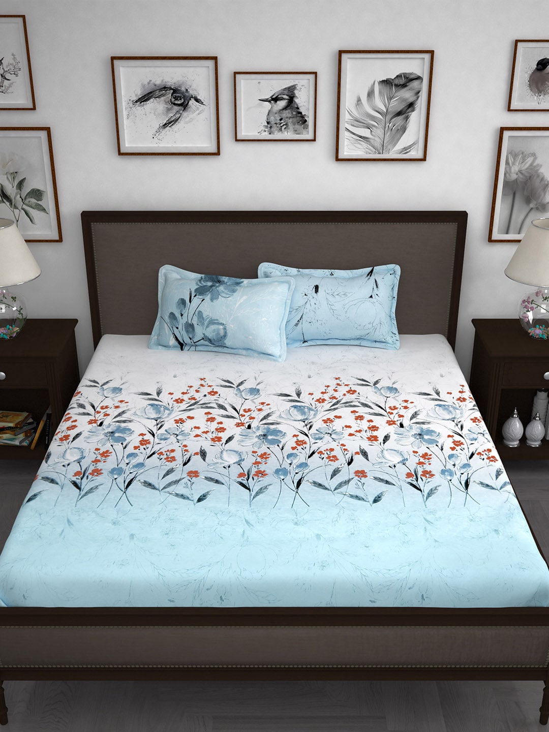 Story@home White & Blue Floral 210 TC Cotton 1 King Bedsheet with 2 Pillow Covers  Grab2Buy Story@home Grab2Buy
