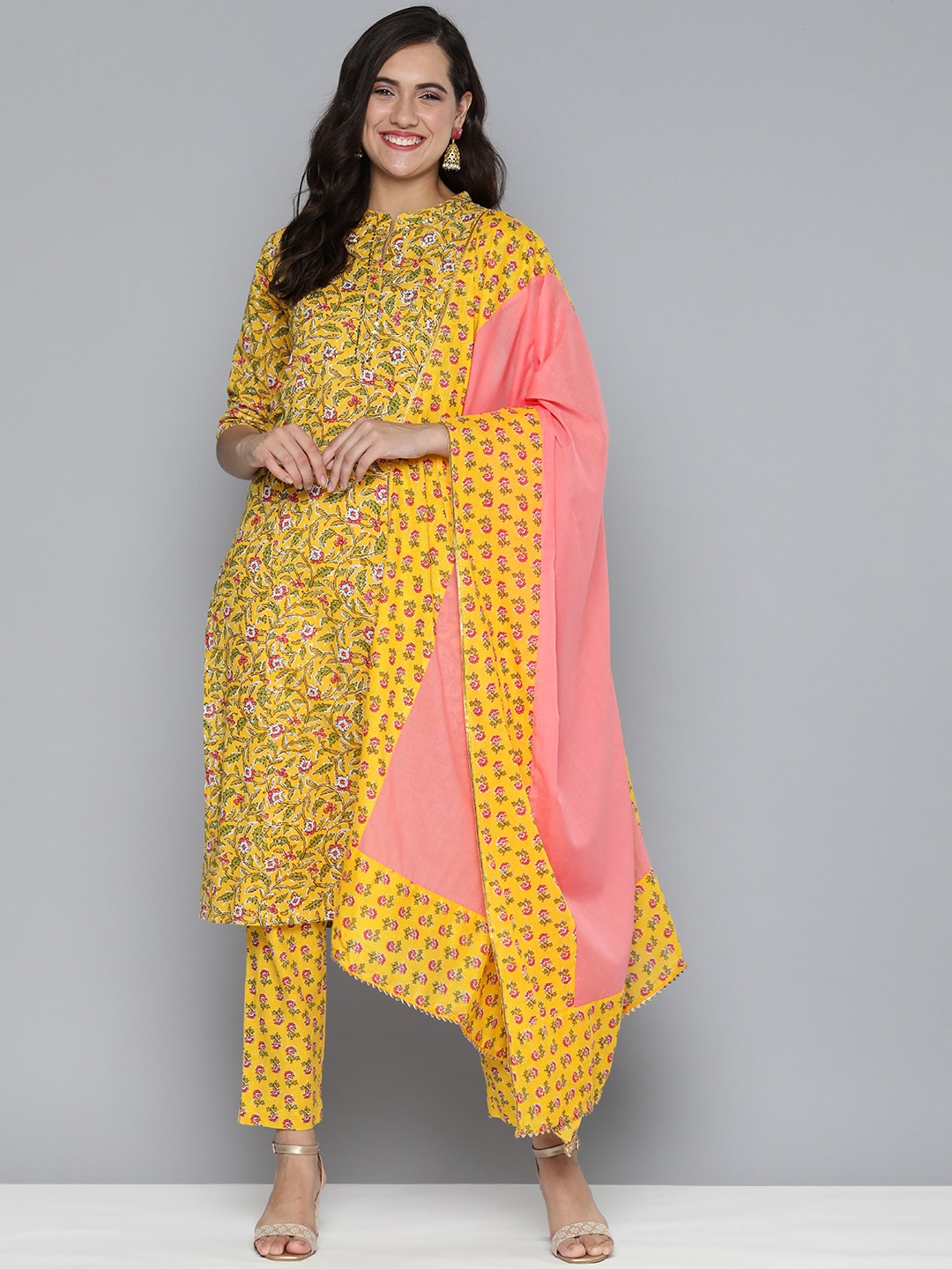 HERE&NOW Ethnic Motifs Printed Sequinned Kurta With Trousers & With Dupatta