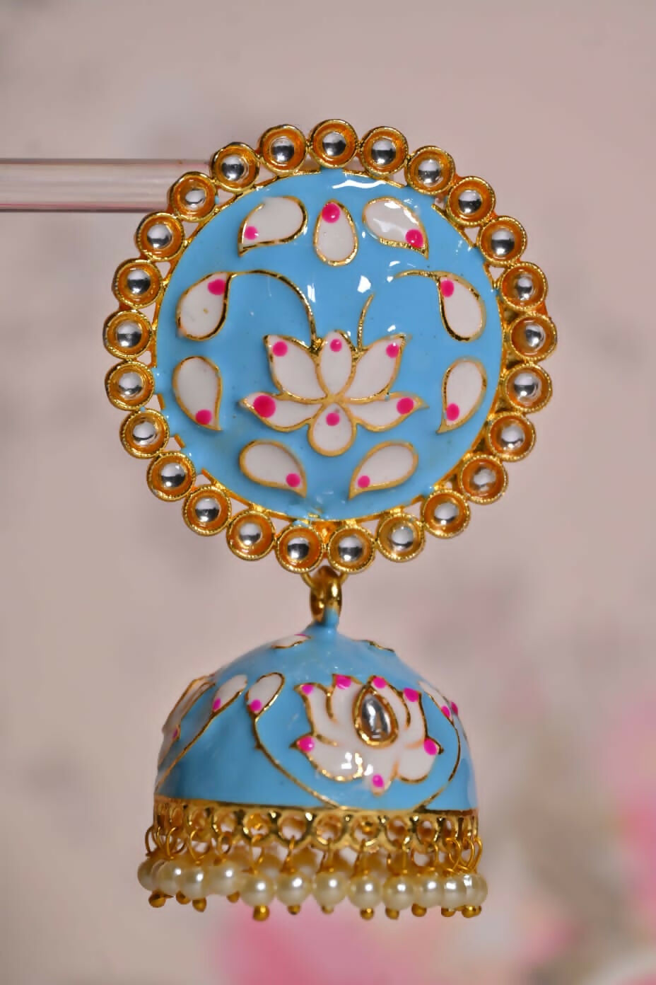 Sky Blue Round Shape Ethnic Meenakari Jhumki Earrings By House of Ree House of Ree