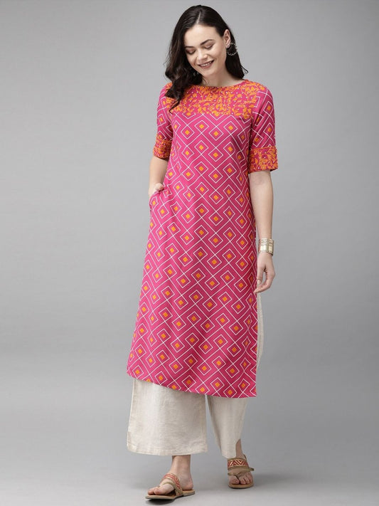 Anouk Women Pink & Mustard Yellow Printed Straight Kurta | Grab2Buy