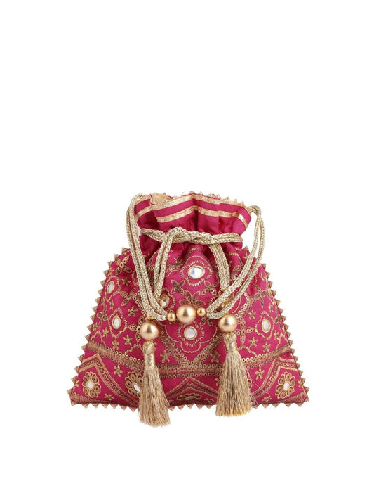 Masq Pink & Gold-Toned Embellished Embroidered Potli Clutch - Grab2buy