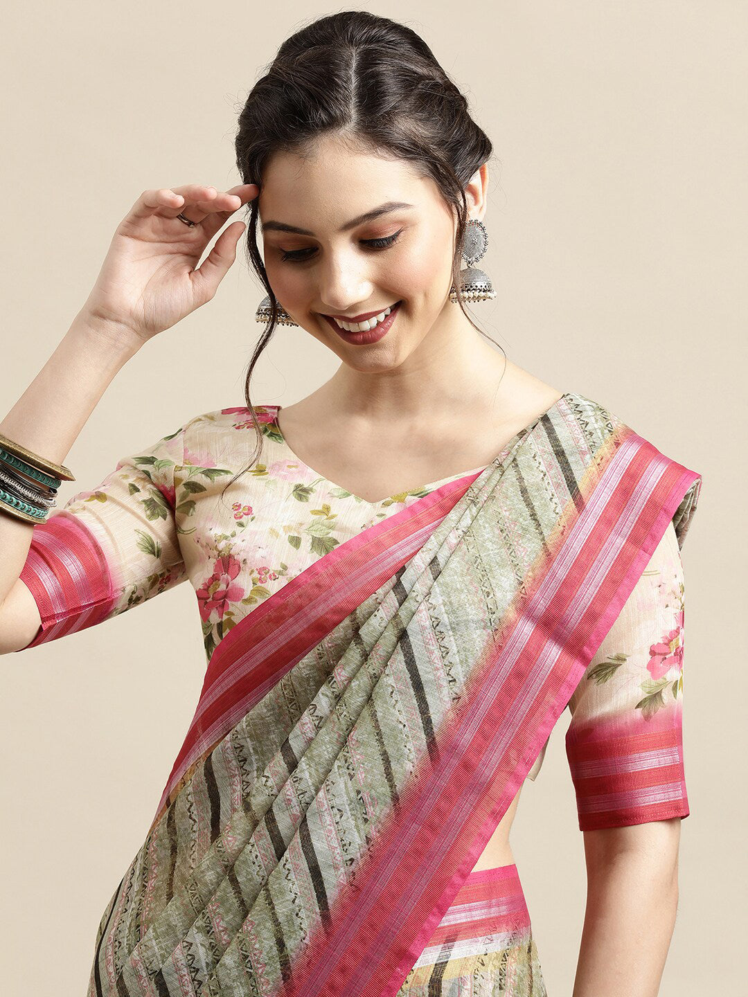 Saree Mall Olive Green & Pink Leheriya Linen Blend Saree