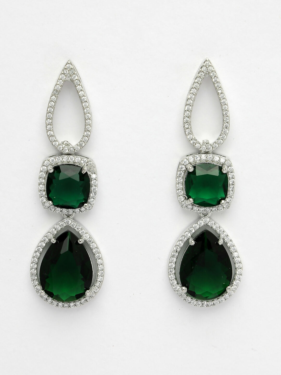 NVR Women's Green & Silver-Plated American Diamond Handcrafted Jewellery Set - Grab2buy