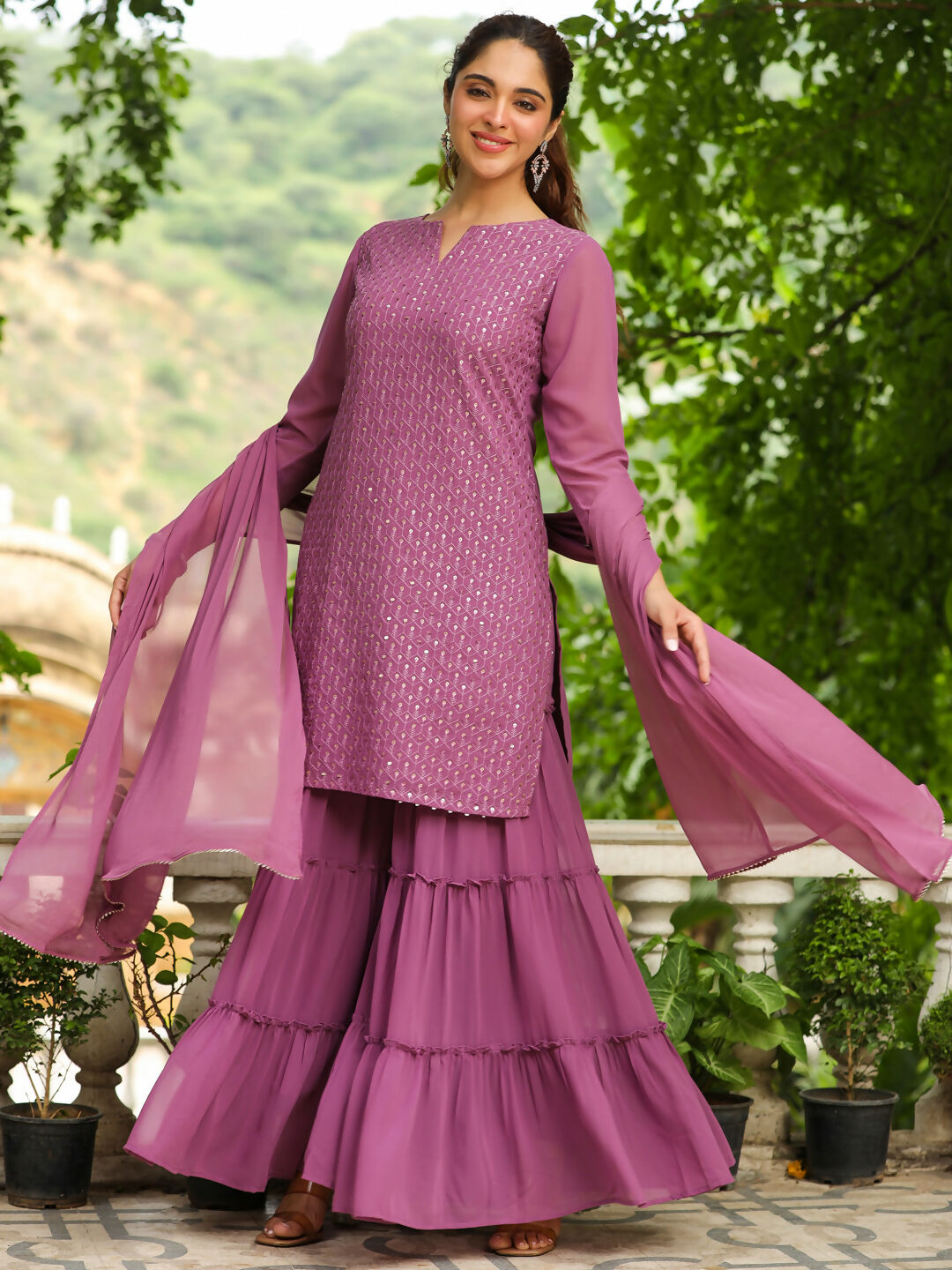 Janasya Lavender Georgette Embroidered Kurta,Bottom & Dupatta 