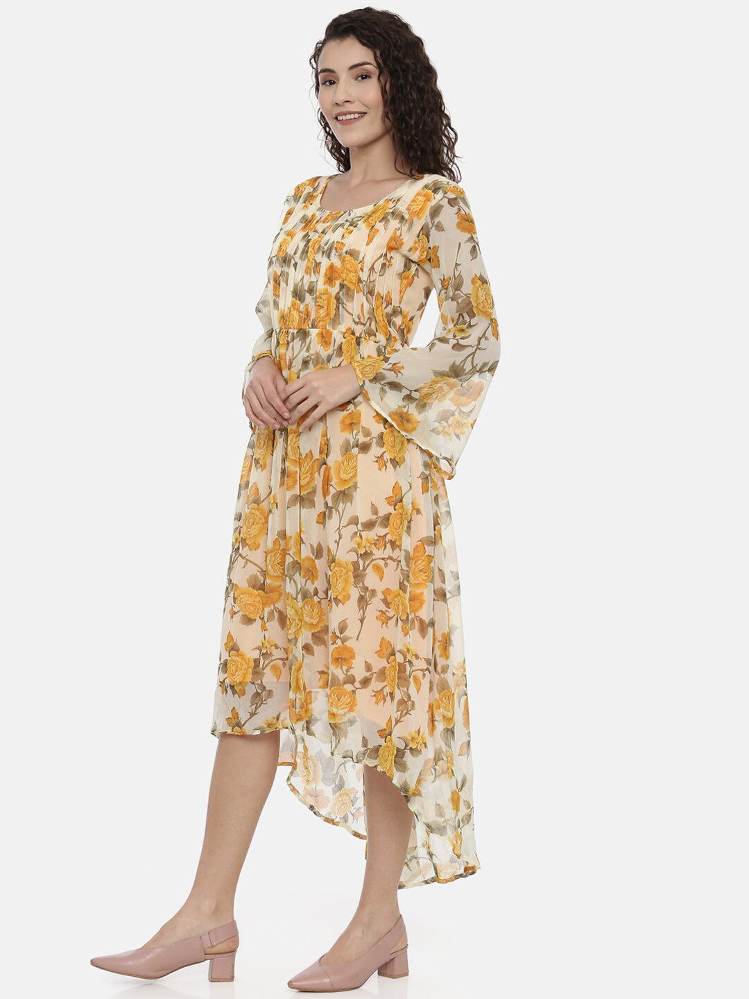 Souchii Women Cream-Coloured Floral Printed A-Line Dress 