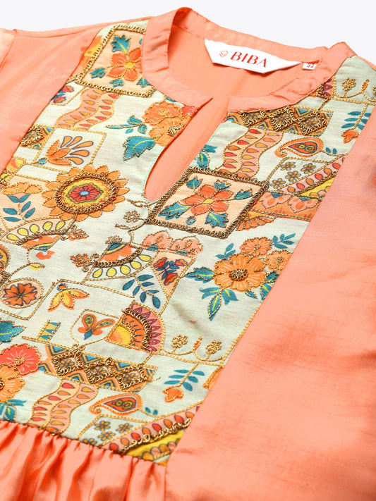 Biba Women Peach-Coloured & Green Yoke Design A-Line Kurta With Sheen Effect - Grab2buy