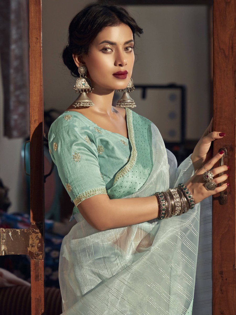 Aastha Fashion Women's Peach Sea Green Organza Zari Woven Saree with Blouse - Grab2buy