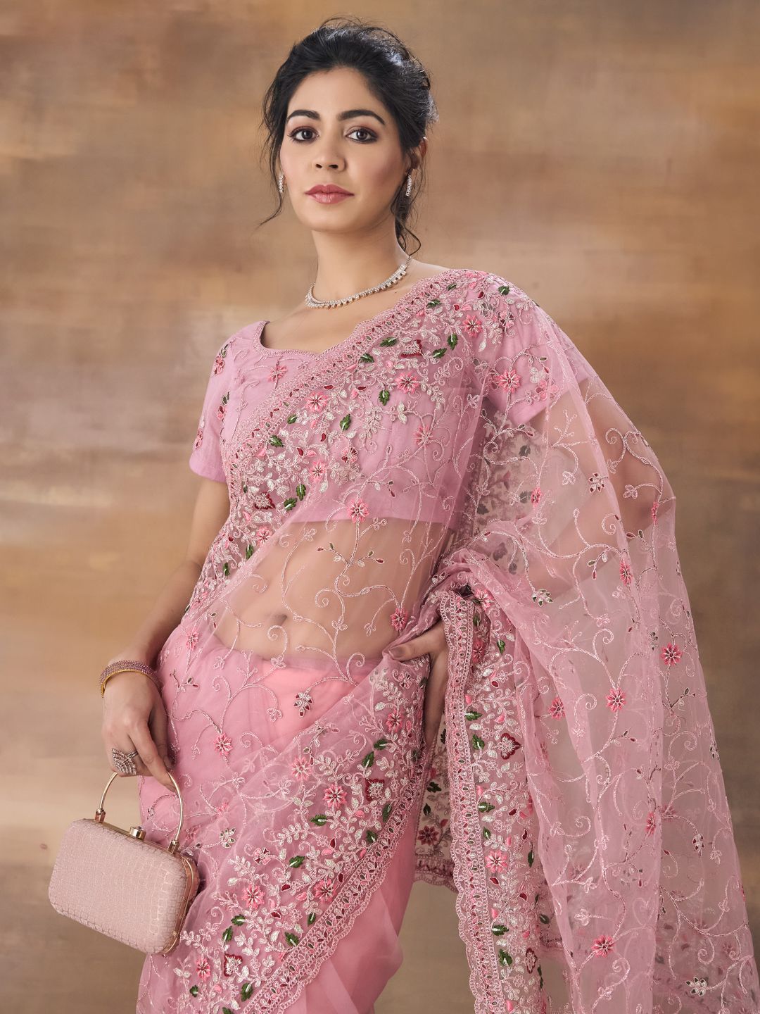 kasee Floral Embroidered Net Saree With Blouse Piece