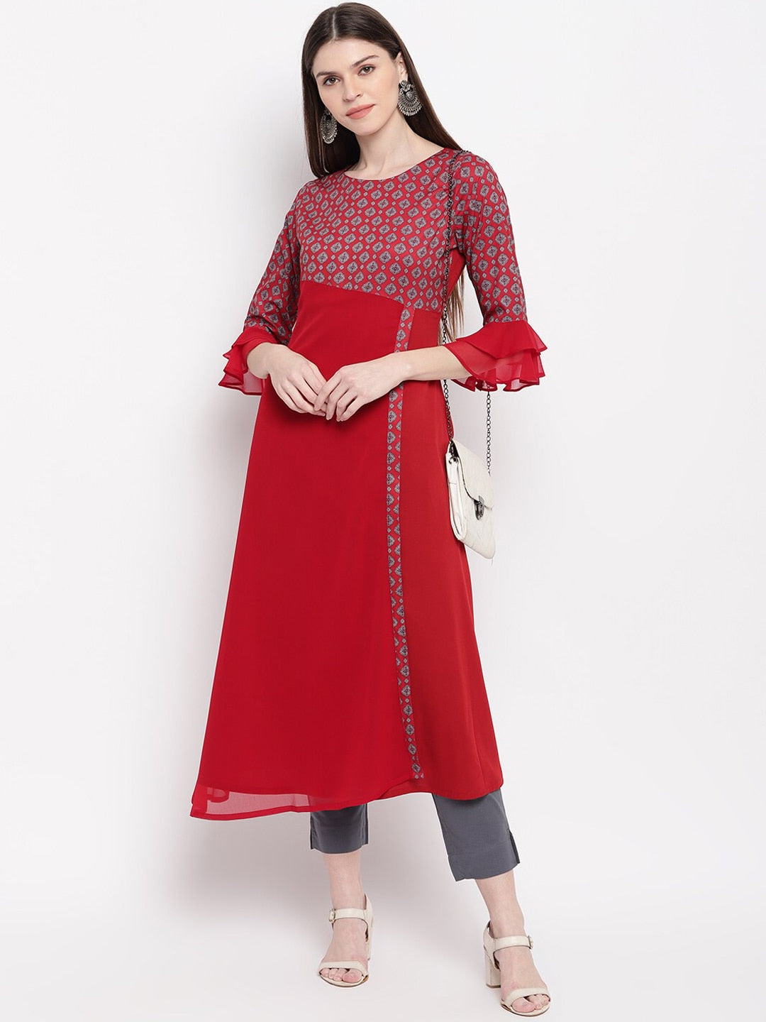 Janasya Women Maroon & White Yoke Design A-Line Kurta